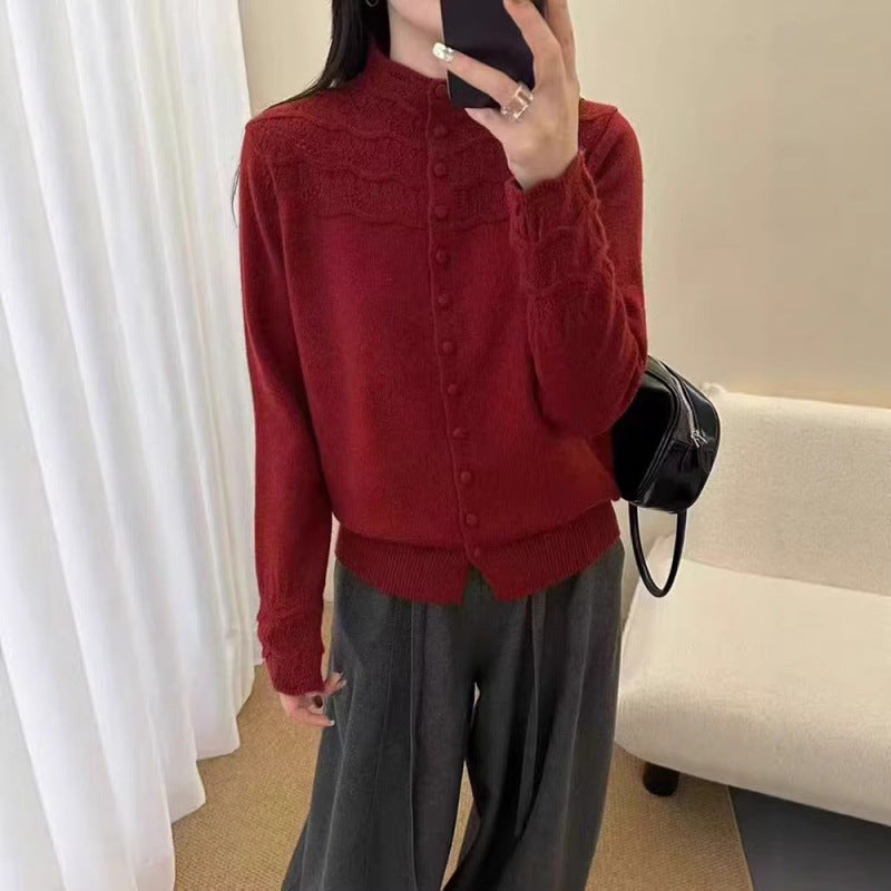 Häkel-Cardigan Damen – Stehkragen Strickjacke mit Lochmuster in 5 Farben