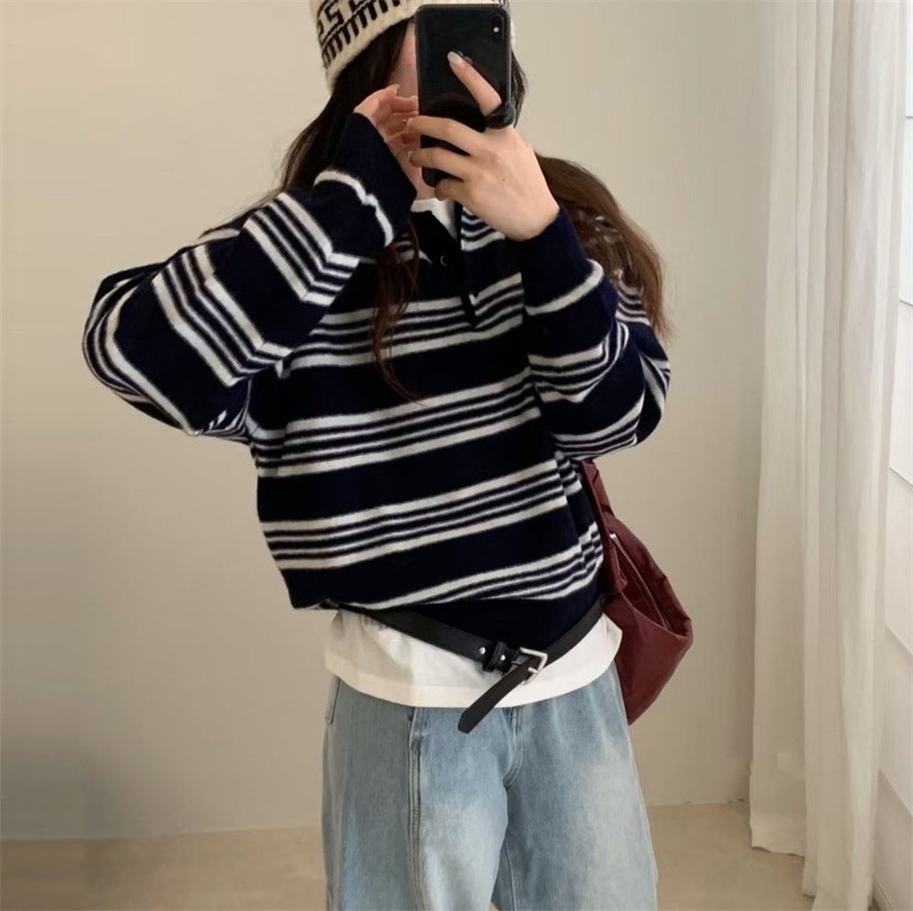 Damen Strickpullover mit Streifenkragen – Polo-Kragen Langarm Pullover | Mode