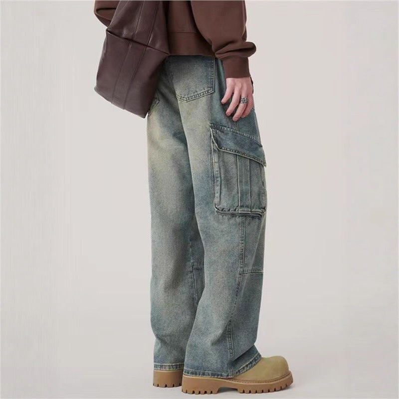 Herren Hip-Hop Cargo Jeans – Loose Fit Straight Leg in Blau