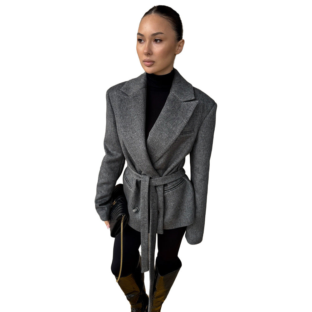 Zweireihige Woll-Jacke Damen mit Gürtel & Taschen – Mid-Length