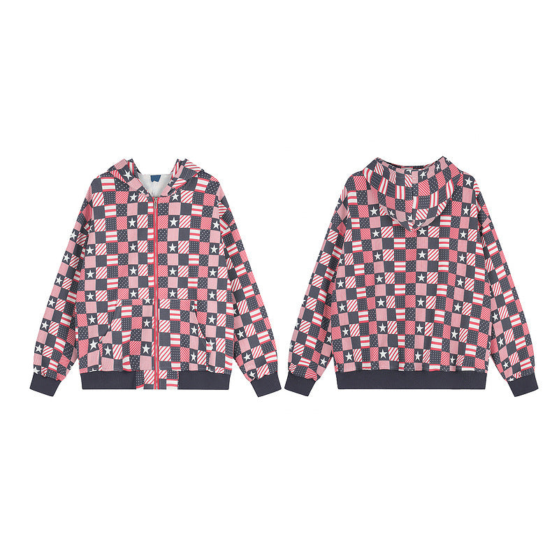 Color blocked plaid star hooded cardigan for women