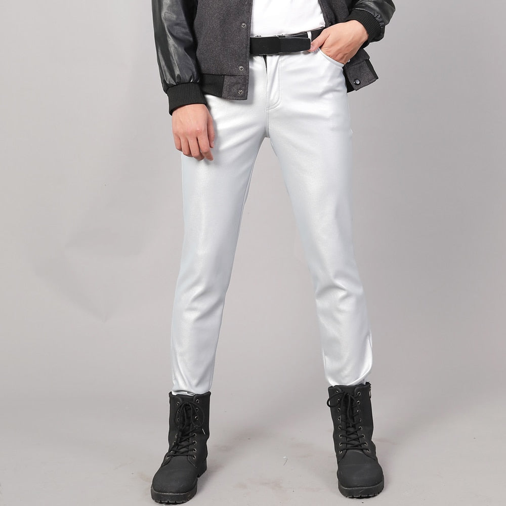 Thoshine Brand Spring Autumn Men Leather Pants Slim Fit Elastic Style Male Fashion PU Leather Trousers Punk Cosplay Dance Pants