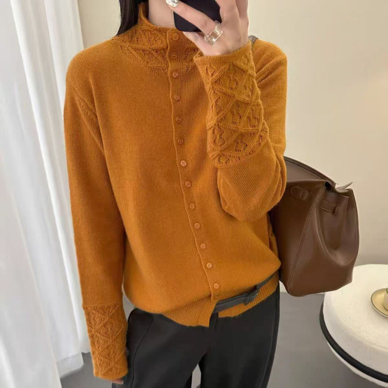 Häkel-Cardigan Damen – Stehkragen Strickjacke mit Lochmuster in 5 Farben