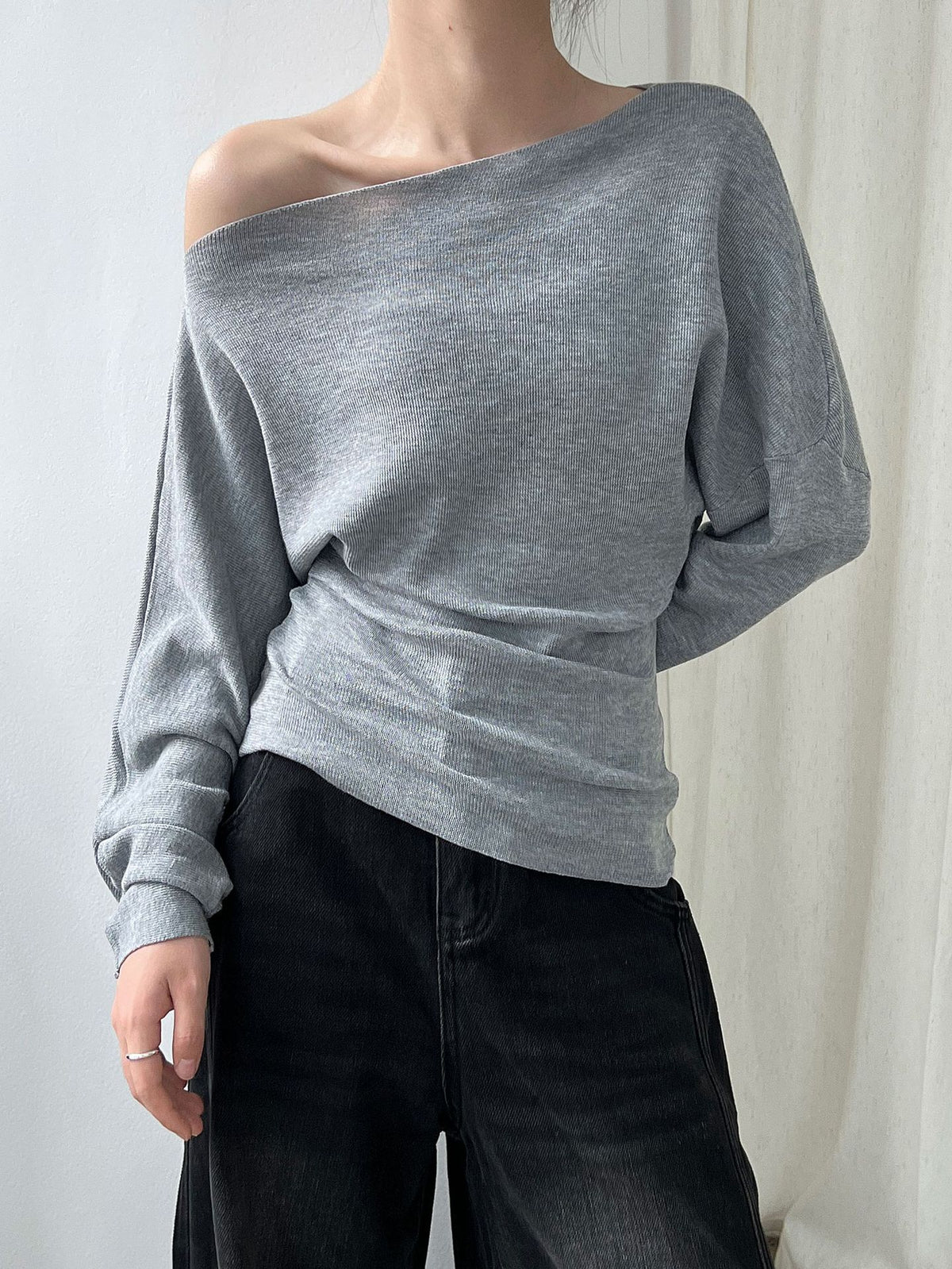 Asymmetrisches Strick-Top Damen – Tailliert, One-Shoulder Langarm in 5 Farben