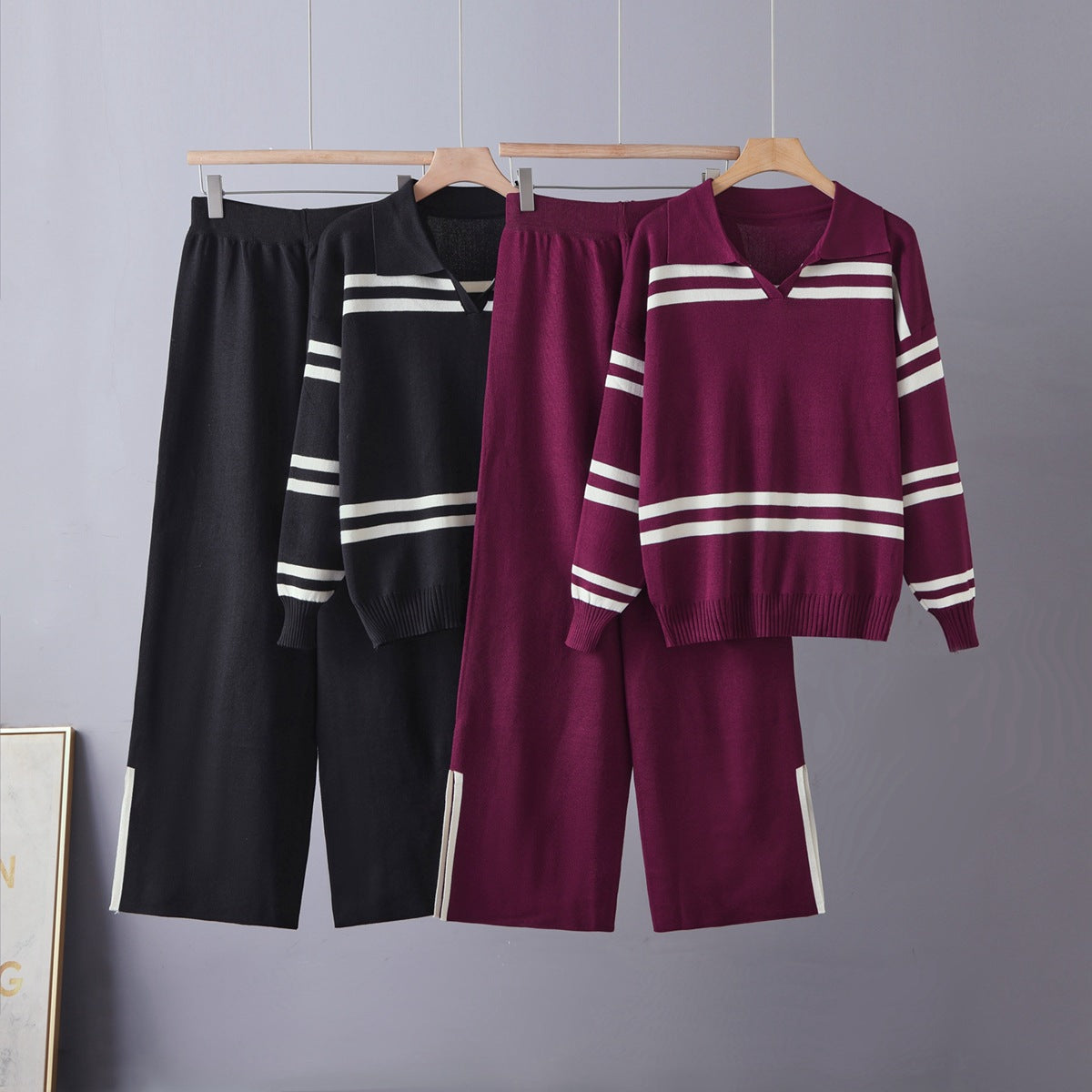 Kontraststreifen-Set Damen – Reverskragen Top & Hose