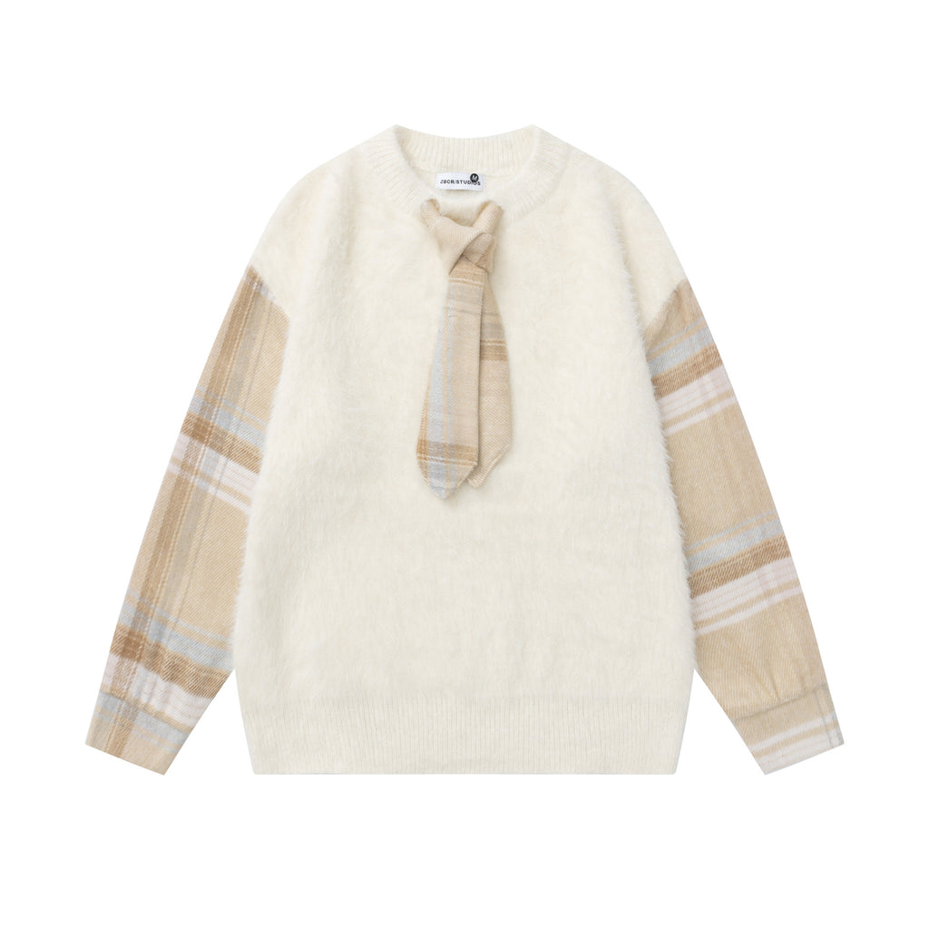 Damen Pullover Karo-Muster mit Schleife – Baumwolle, Pink & Apricot, S–XL