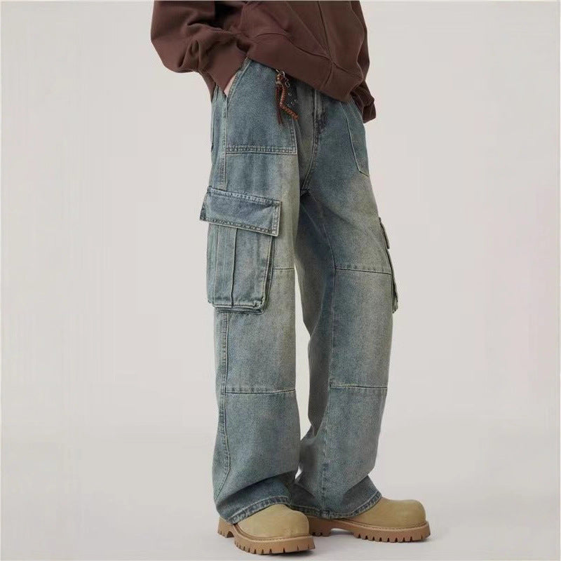 Herren Hip-Hop Cargo Jeans – Loose Fit Straight Leg in Blau