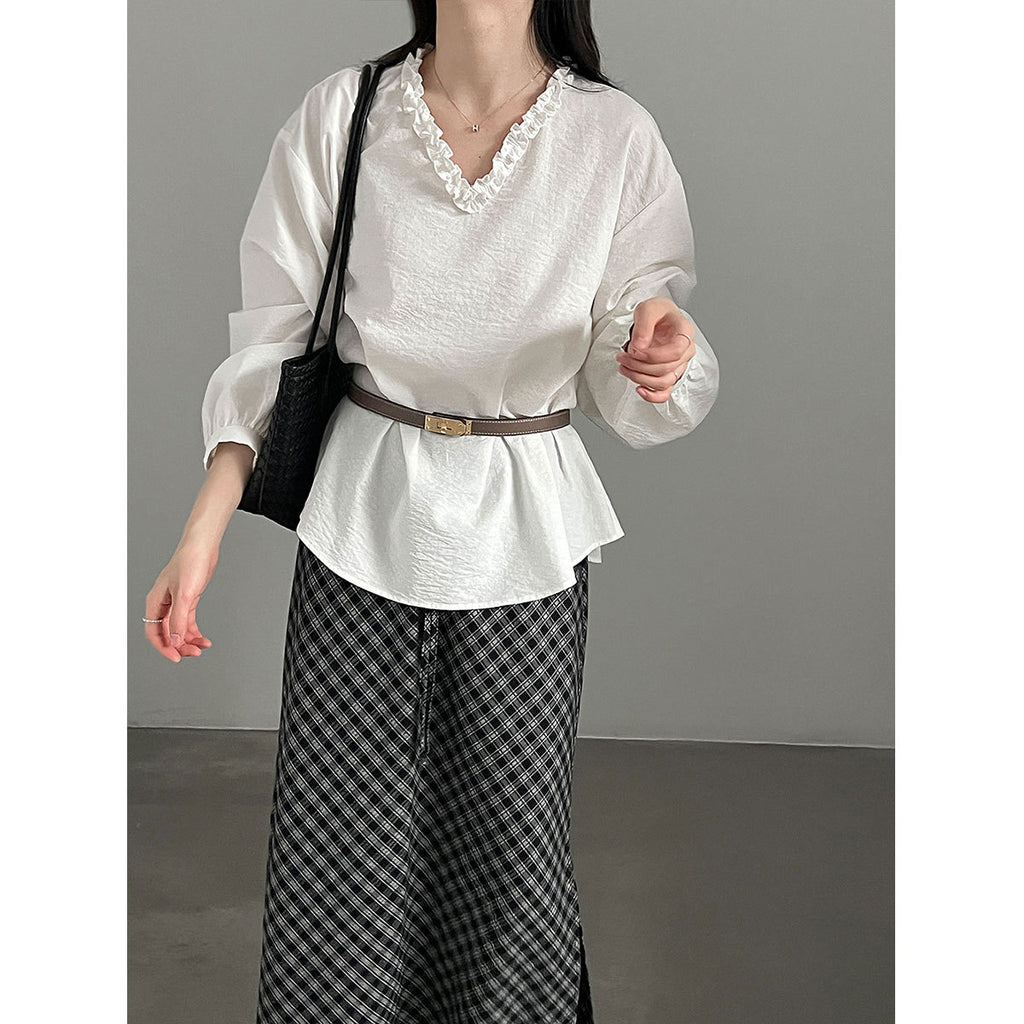 Spitzenbluse Damen mit V-Ausschnitt & Puffärmel – Elegant & Feminin