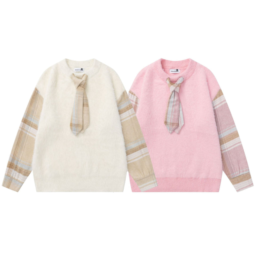 Damen Pullover Karo-Muster mit Schleife – Baumwolle, Pink & Apricot, S–XL