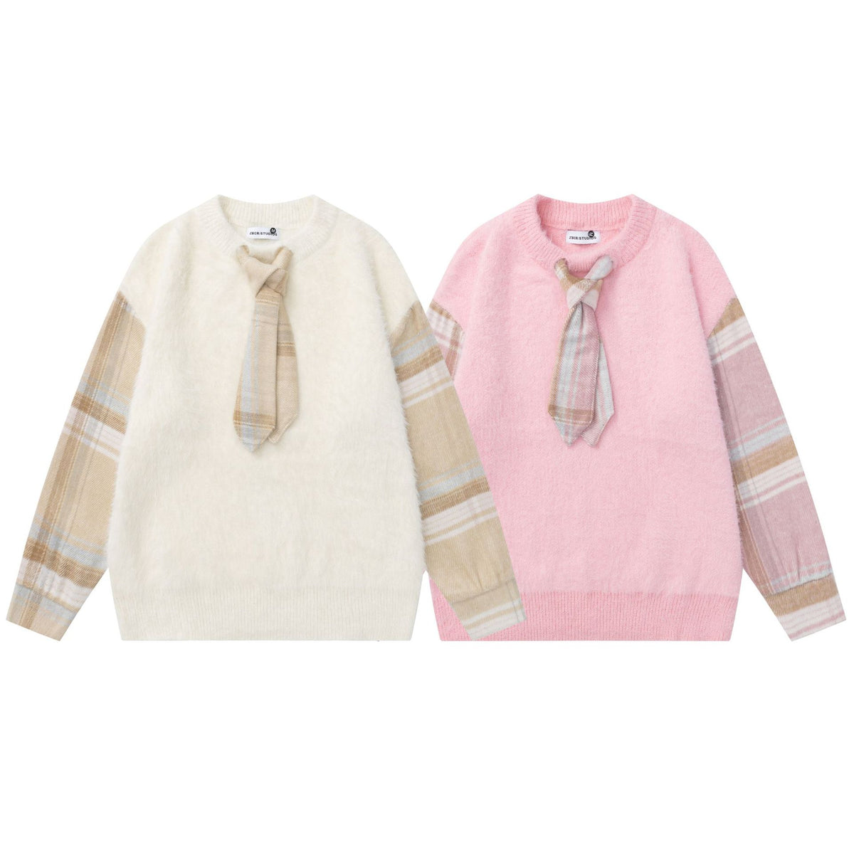 Damen Pullover Karo-Muster mit Schleife – Baumwolle, Pink & Apricot, S–XL