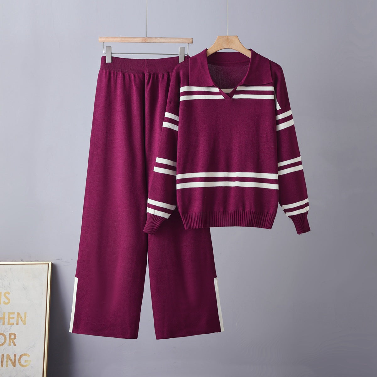 Kontraststreifen-Set Damen – Reverskragen Top & Hose
