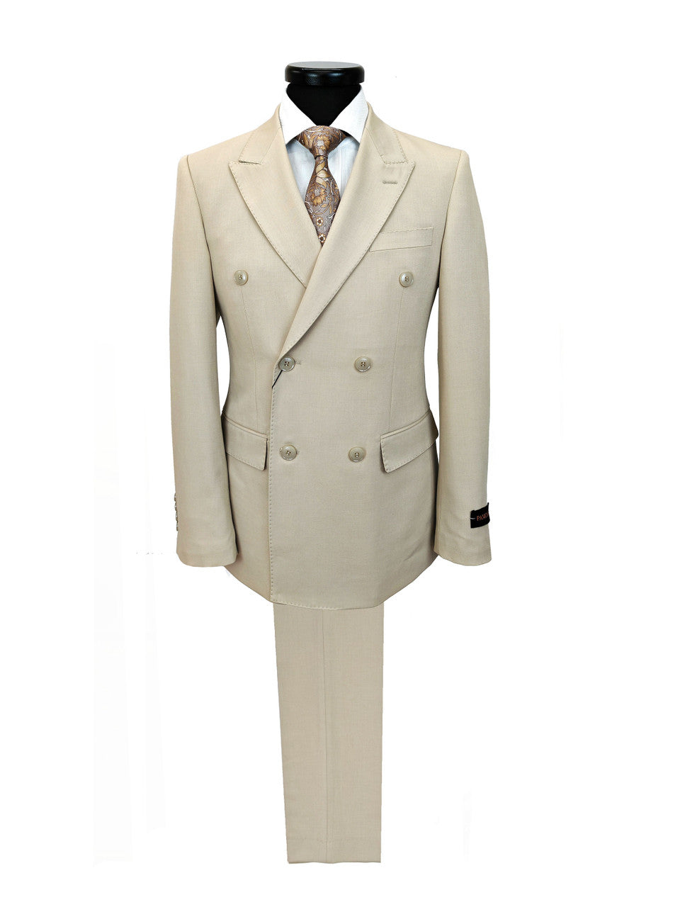 Beige Doppelreiher Slim Fit Anzug – Wolle & Elasthan, Größen 36–50