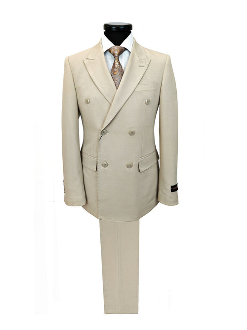 Beige Doppelreiher Slim Fit Anzug – Wolle & Elasthan, Größen 36–50