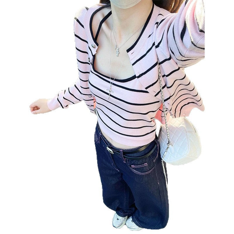 Retro Soft Pink Striped Knit Sweater Set for Women, Two-Piece Outfit with Cardigan and Tank Top