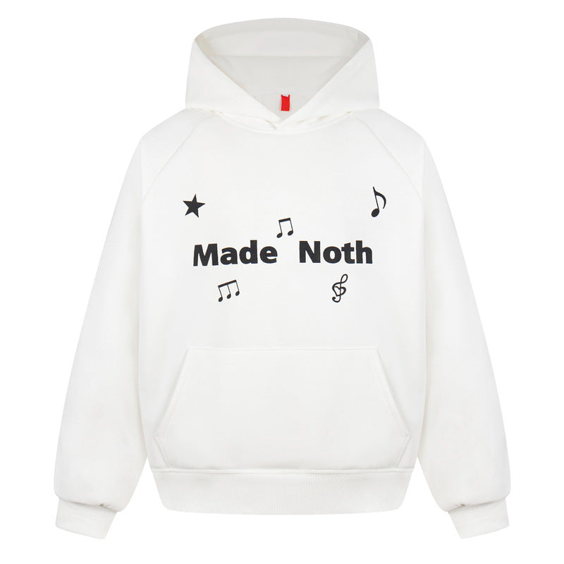White hooded sweatshirt embroidered with musical notes