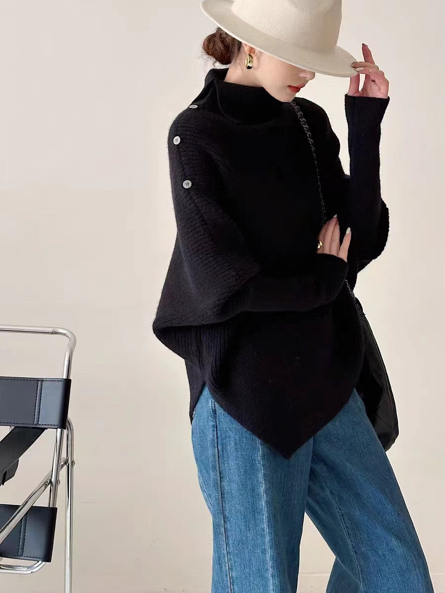 Rollkragen Strickpullover mit Fledermausärmel – Irregular Hem