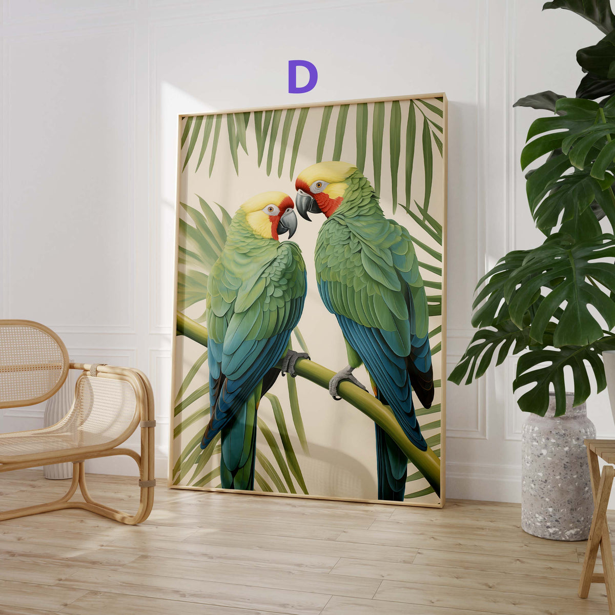 Tropische Palmen Poster · Geschenkidee · Papageien und Botanische Dschungelkunst · Wohnzimmer Dekoprint ohne Rahmen