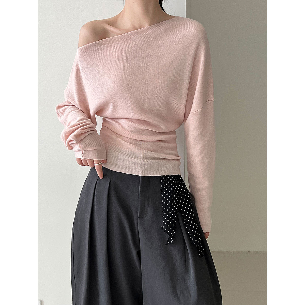 Asymmetrisches Strick-Top Damen – Tailliert, One-Shoulder Langarm in 5 Farben