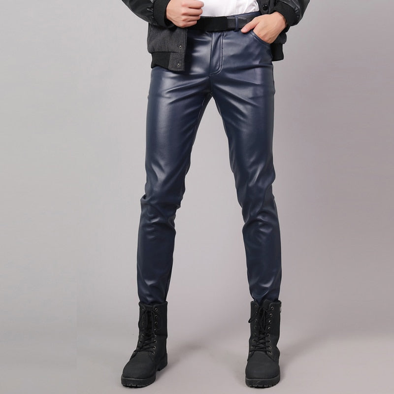 Thoshine Brand Spring Autumn Men Leather Pants Slim Fit Elastic Style Male Fashion PU Leather Trousers Punk Cosplay Dance Pants