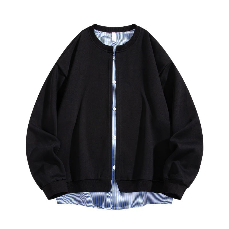 Autumn Fashion Men's Hoodie with False Two-Piece Design, Open Front, Round Neck, Loose Fit, Casual Stylish Jacket Top