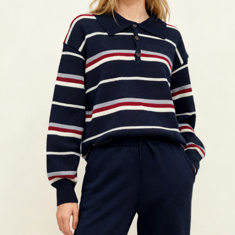 Gestreifter Kontrastpullover mit Polokragen – Herbst & Winter