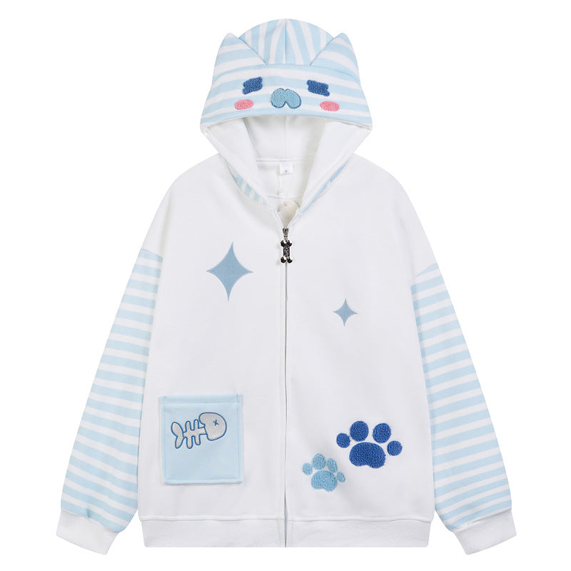 Damen Kapuzenjacke Streifen Patchwork – Stickerei Fischgrät Hoodie Jacke