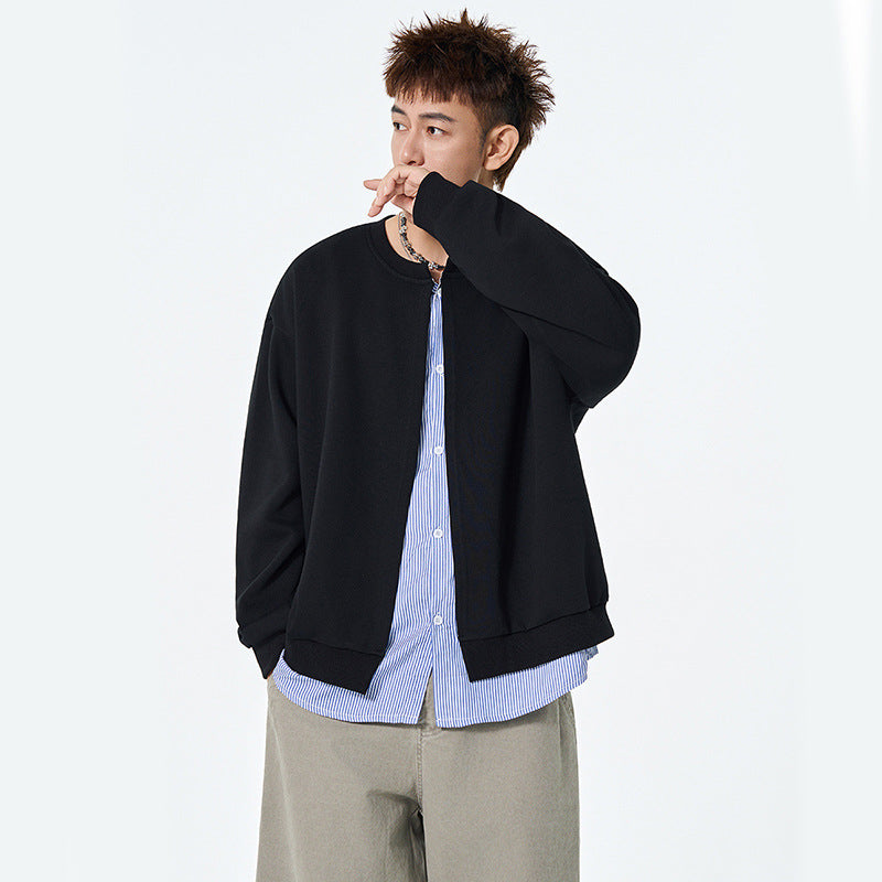 Autumn Fashion Men's Hoodie with False Two-Piece Design, Open Front, Round Neck, Loose Fit, Casual Stylish Jacket Top