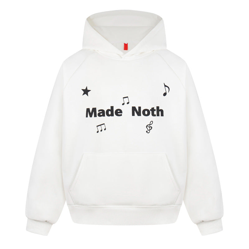 White hooded sweatshirt embroidered with musical notes
