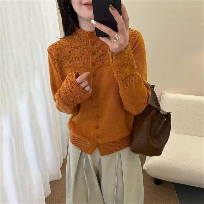 Häkel-Cardigan Damen – Stehkragen Strickjacke mit Lochmuster in 5 Farben