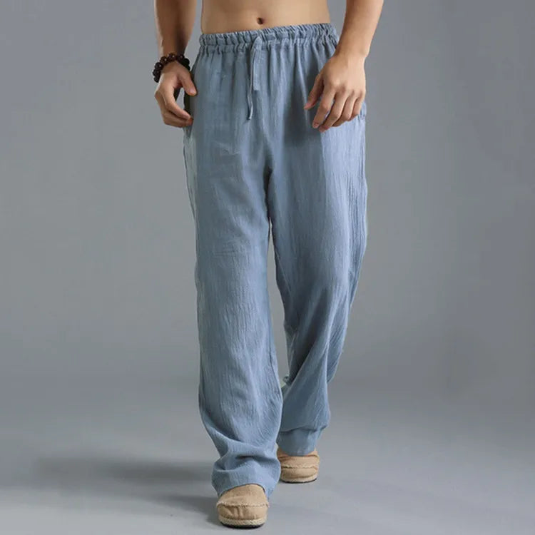 Herren Yogahose – Leichte Baumwoll-Leinen Hose mit Kordelzug