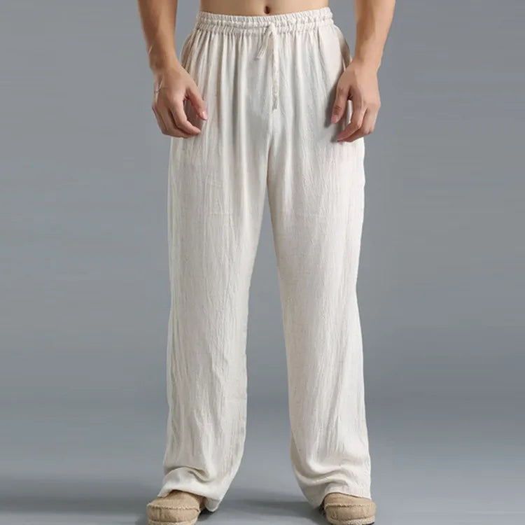 Herren Yogahose – Leichte Baumwoll-Leinen Hose mit Kordelzug