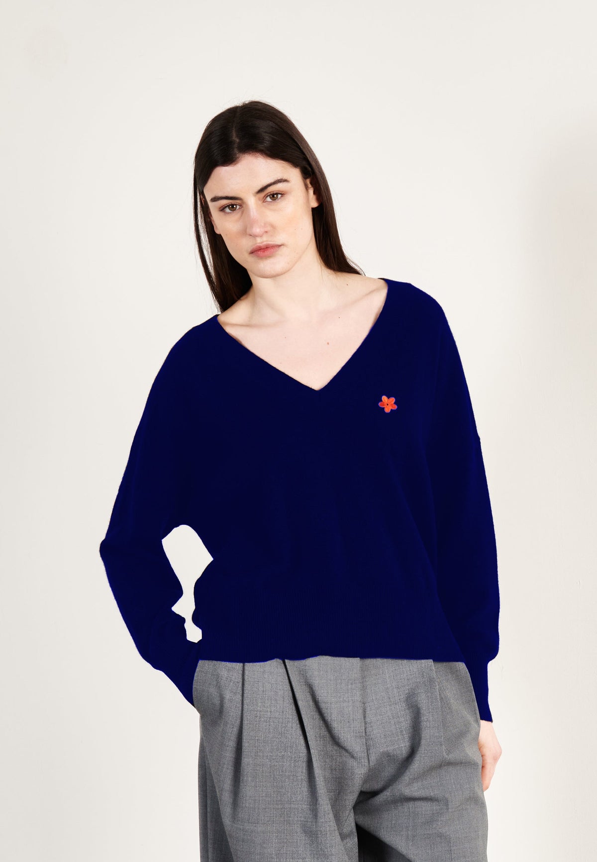 Damen V-Ausschnitt Kaschmir-Pullover Marineblau – HANA 1
