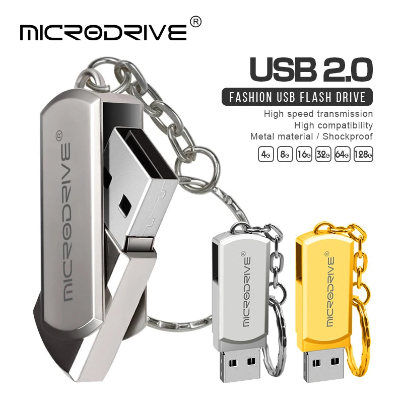 Metall USB-Stick 4–128GB – Wasserdicht, Silber & Gold, USB 2.0, mit Schlüsselring