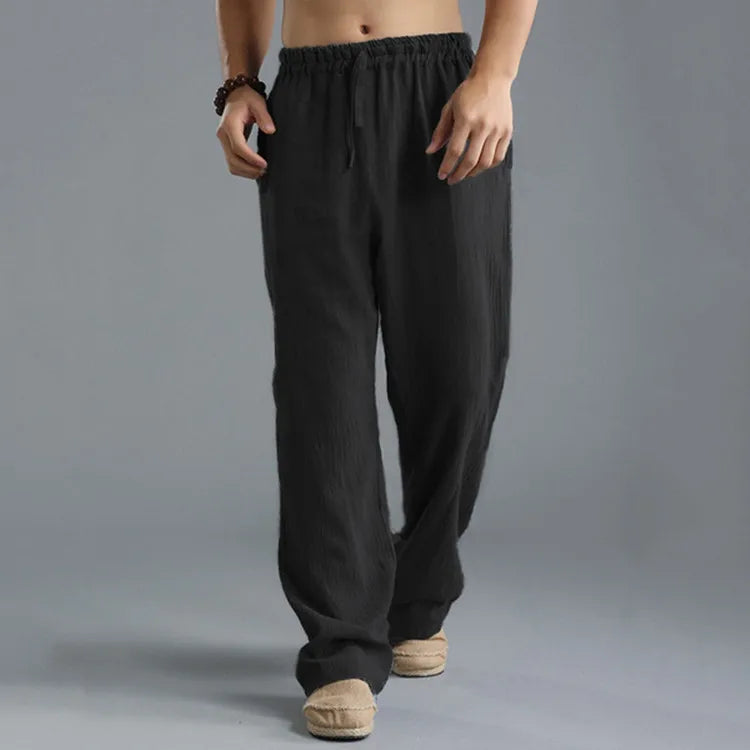 Herren Yogahose – Leichte Baumwoll-Leinen Hose mit Kordelzug
