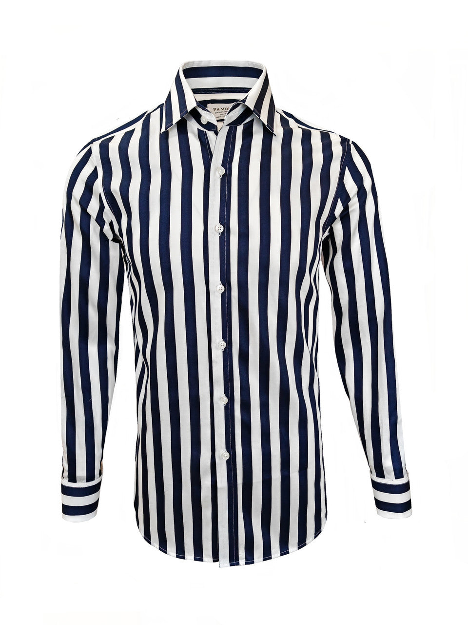 Herrenhemd Weiß-Navy Streifen – 100% Baumwolle, Slim Fit, Doppelmanschette