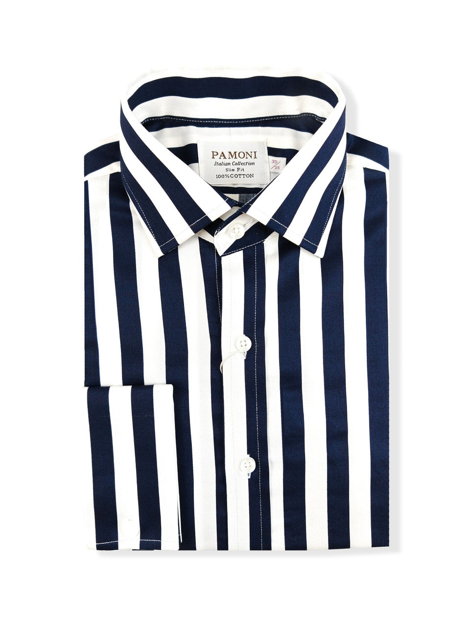 Herrenhemd Weiß-Navy Streifen – 100% Baumwolle, Slim Fit, Doppelmanschette