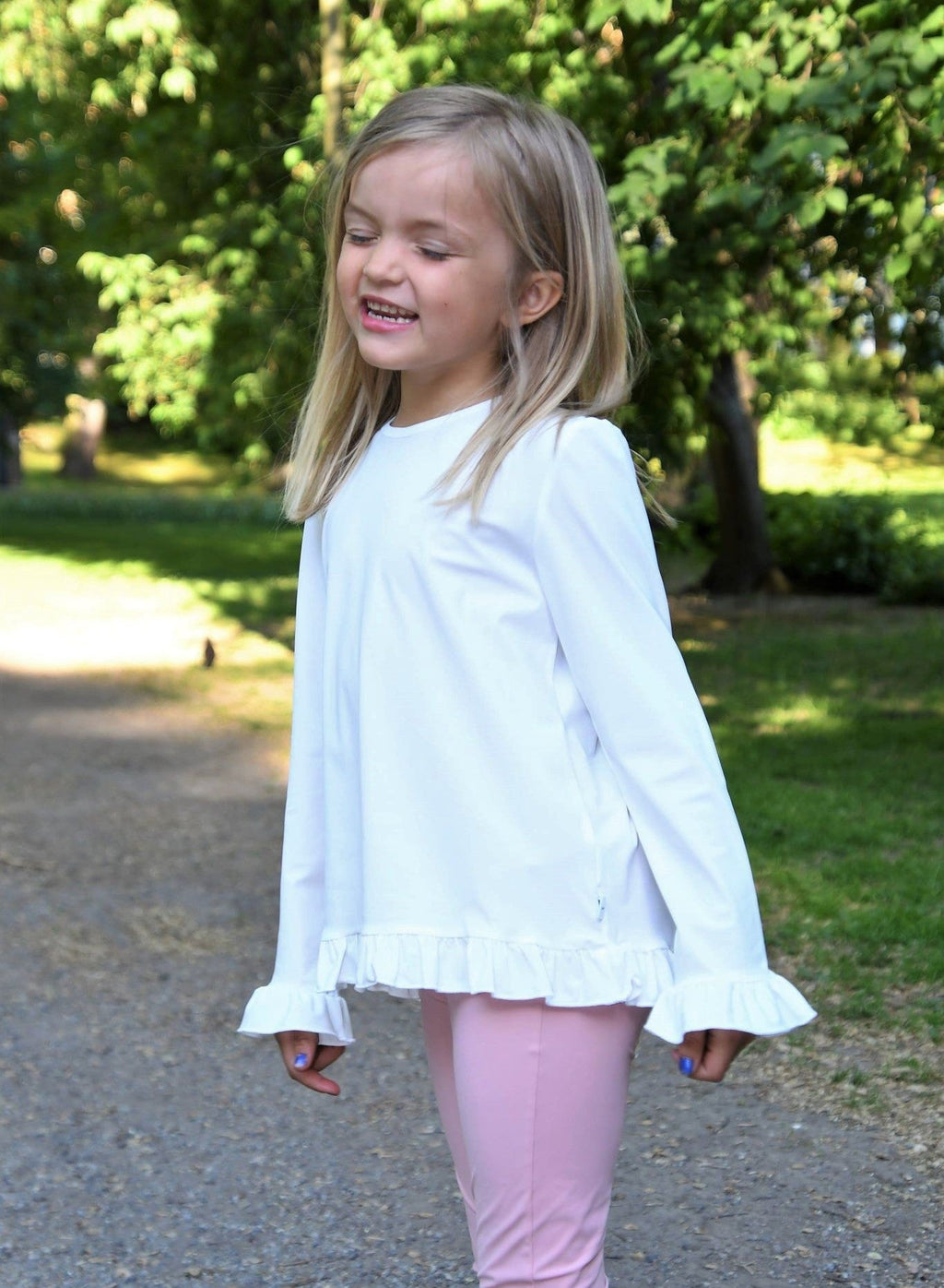 Kinder UV-Langarmshirt mit Knöpfen am Kragen – Weiss (UPF 50)