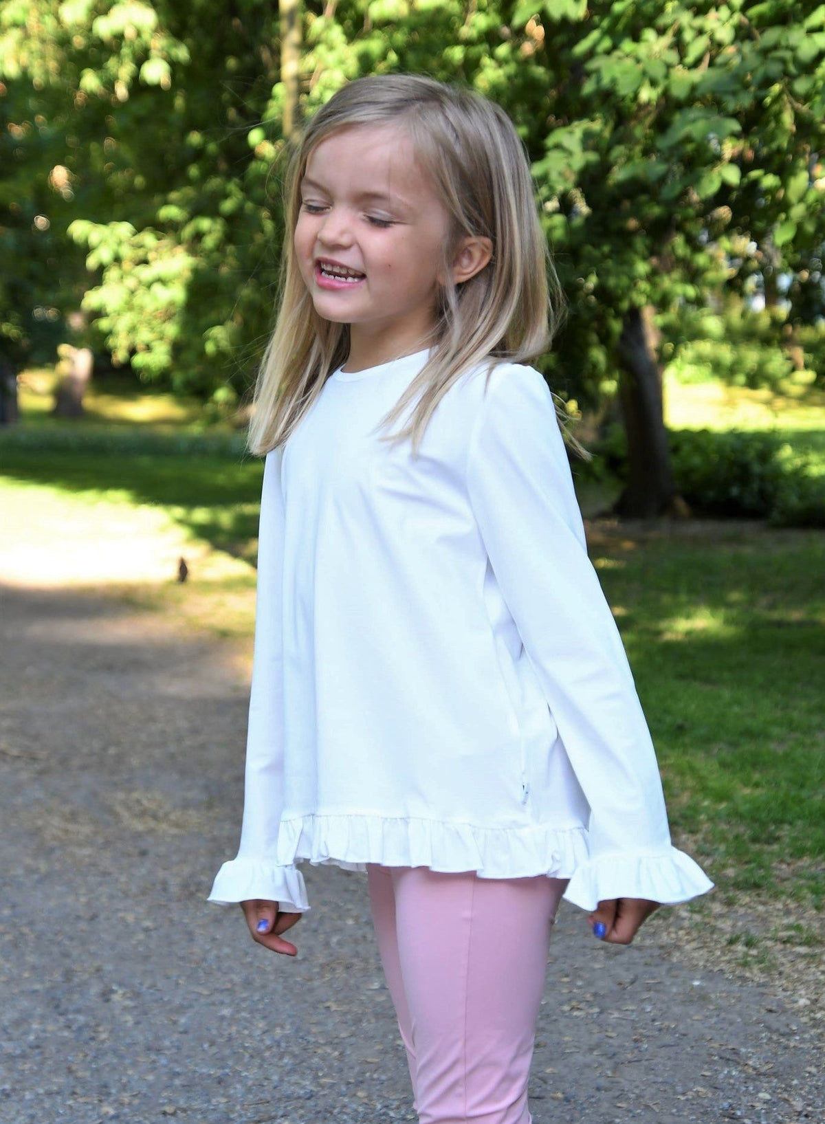 Kinder UV-Langarmshirt mit Knöpfen am Kragen – Weiss (UPF 50)