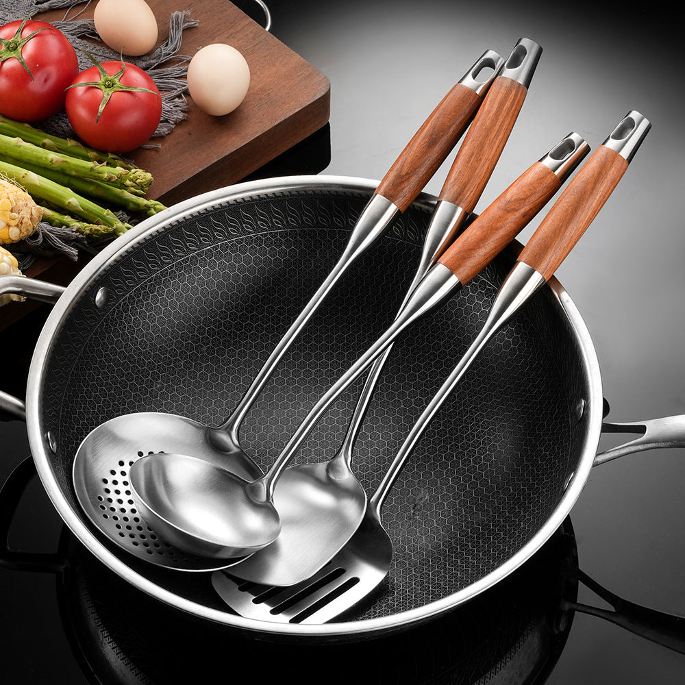 Edelstahl-Küchenwender mit Rosenholzgriff – 316/304 Edelstahl Pfannenwender, Löffel & Sieb-Set