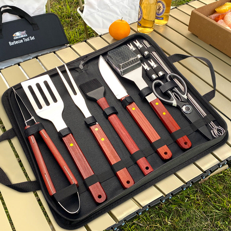 BBQ-Grillset aus Edelstahl mit Holzgriff – Outdoor Camping Grillzubehör mit Tragetasche