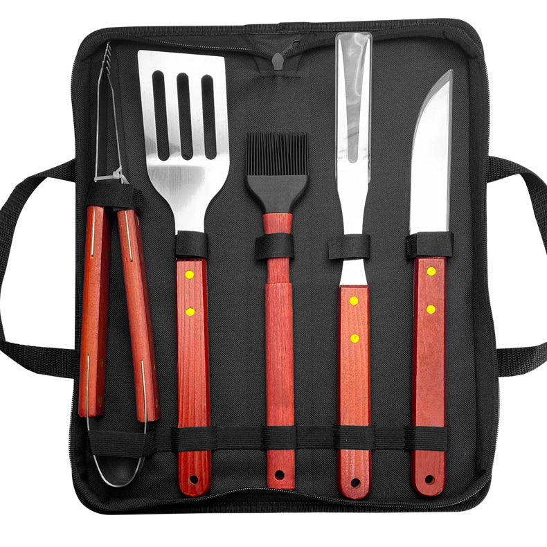 BBQ-Grillset aus Edelstahl mit Holzgriff – Outdoor Camping Grillzubehör mit Tragetasche