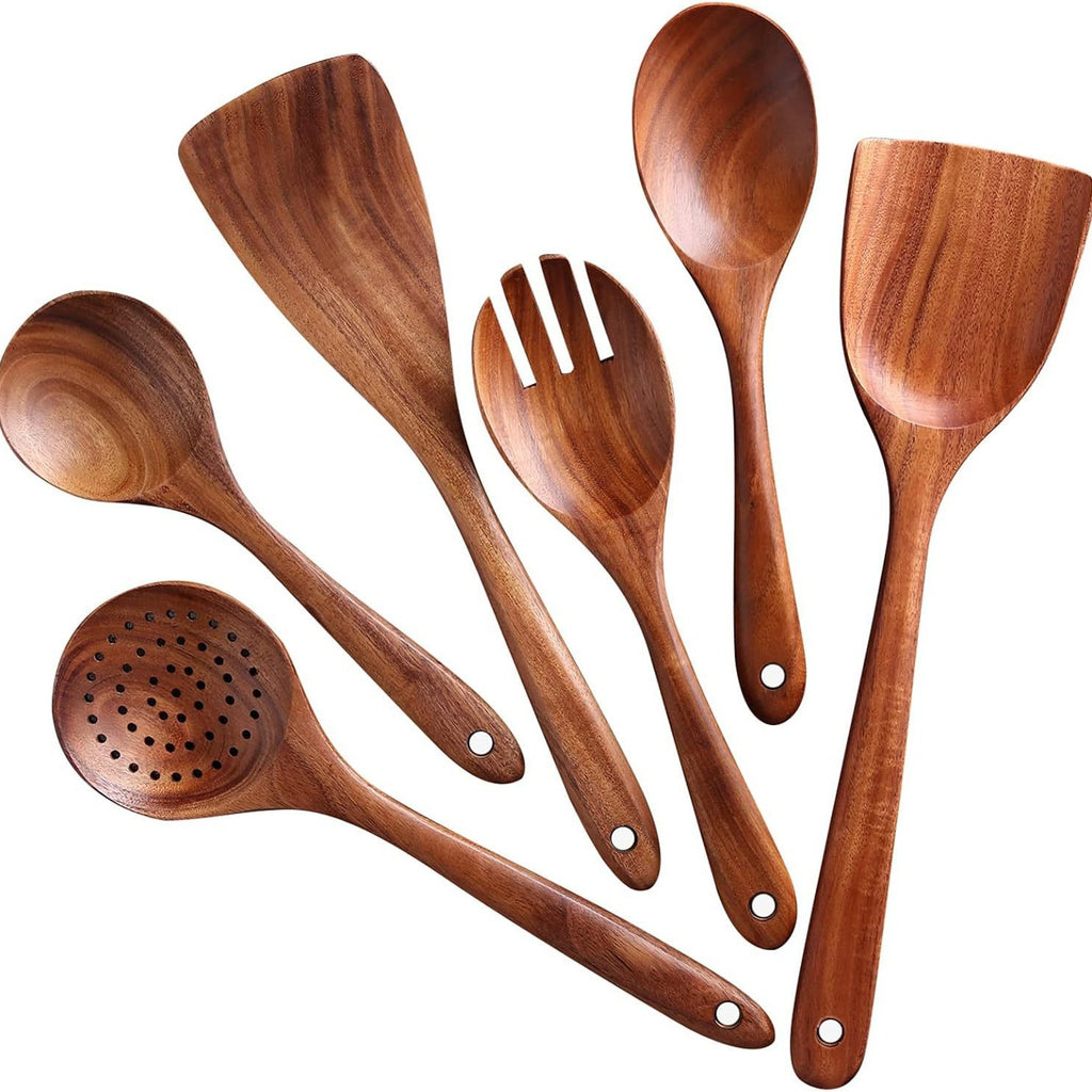 Teakholz Küchen-Set 6-teilig – Massivholz Kochutensilien, antihaft-schonend & hitzeisolierend
