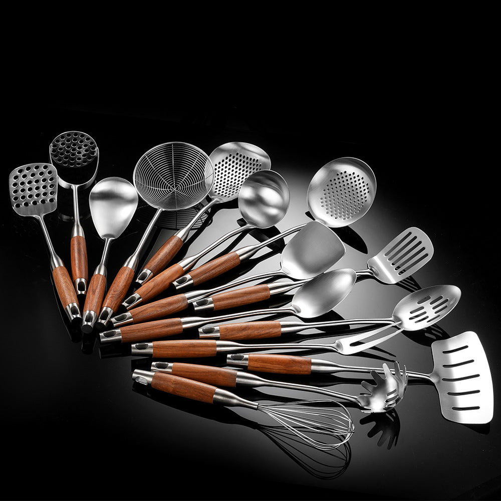 Edelstahl-Küchenwender mit Rosenholzgriff – 316/304 Edelstahl Pfannenwender, Löffel & Sieb-Set