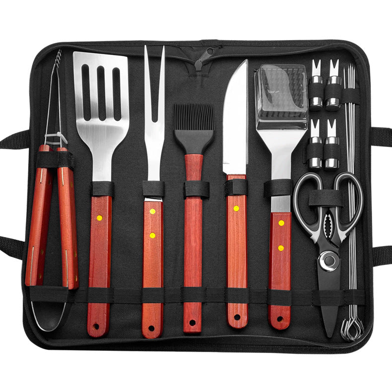 BBQ-Grillset aus Edelstahl mit Holzgriff – Outdoor Camping Grillzubehör mit Tragetasche