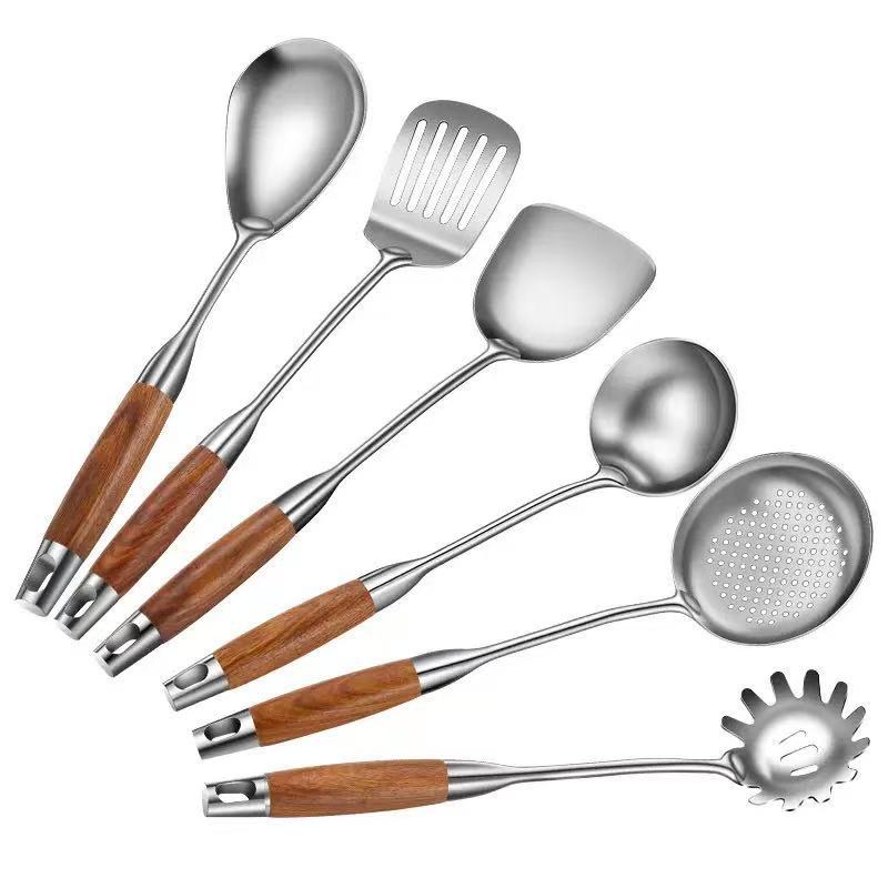 Edelstahl-Küchenwender mit Rosenholzgriff – 316/304 Edelstahl Pfannenwender, Löffel & Sieb-Set