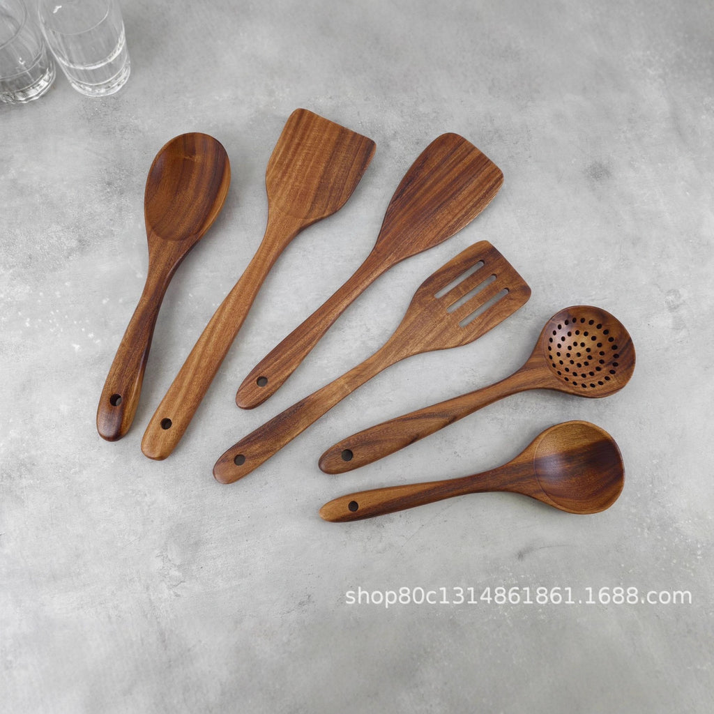 Teakholz Küchen-Set 6-teilig – Massivholz Kochutensilien, antihaft-schonend & hitzeisolierend