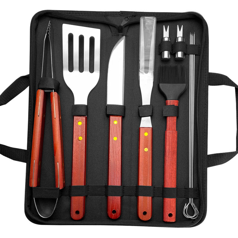 BBQ-Grillset aus Edelstahl mit Holzgriff – Outdoor Camping Grillzubehör mit Tragetasche