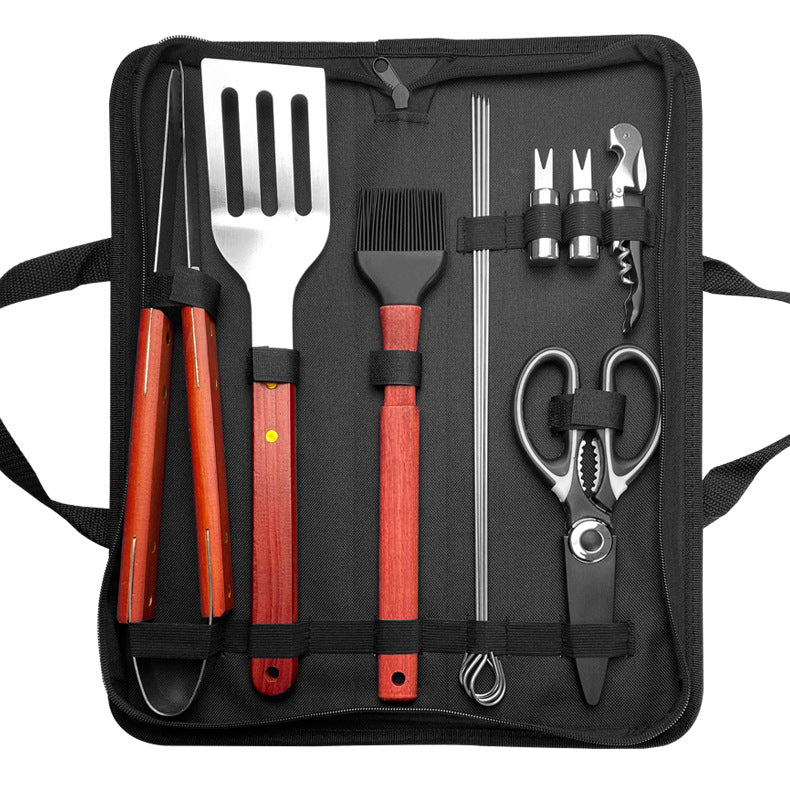BBQ-Grillset aus Edelstahl mit Holzgriff – Outdoor Camping Grillzubehör mit Tragetasche