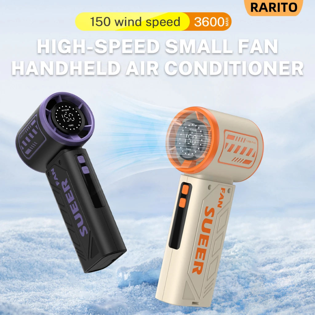 Mini Turbo Handventilator – 150 Stufen, 6000 mAh Akku, USB-C, LED-Display (Grün/Lila/Orange)
