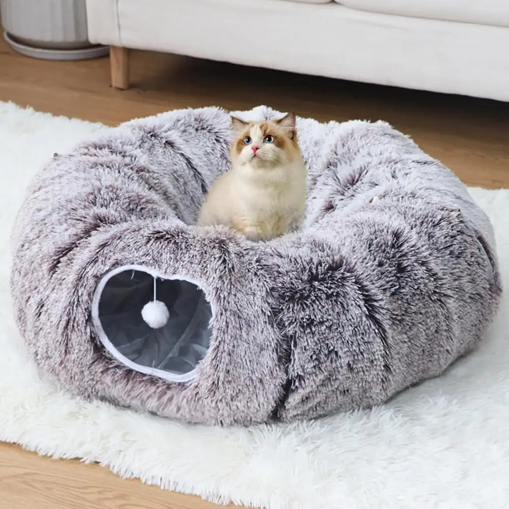 Katzentunnel-Bett mit Hängebällen – Waschbares Plüsch-Spieltunnel für Katzen